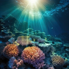 Naklejka na ściany i meble Background corals underwater deep, from above the rays of light. Generative AI