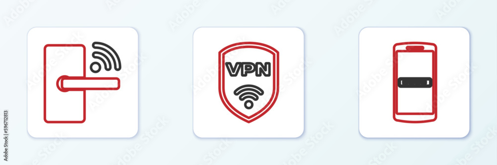 Poster set line mobile and password, digital door lock with wireless and shield vpn icon. vector