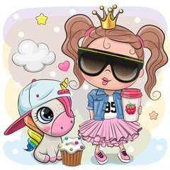 Cute Cartoon fairy tale Princess in glasses and Unicorn in a cap