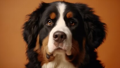 Bernese mountain dog in orsnge background. Beatiful dog. Generative AI 