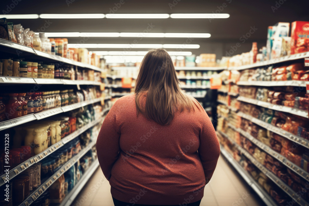 Wall mural Young, overweight woman shopping in a supermarket - Generative AI