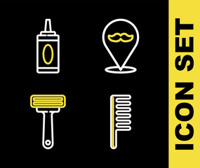 Set line Barbershop, Hairbrush, Shaving razor and Bottle of shampoo icon. Vector