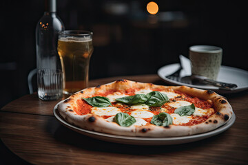 Margherita Pizza close up with a beer on a table - made with generative ai