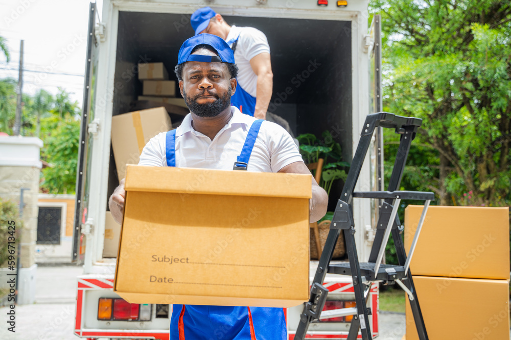 Poster removal company workers unloading boxes from truck into new home on moving day.