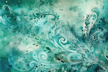 Fototapeta na wymiar Seafoam Green Watercolor Paisley Watercolor Splashes. Generative AI