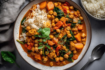 Vegan Chickpea And Vegetable Curry On White Background, In White Plate, View From Above, Shot Overhead. Lactose-Free Food.. Generative AI