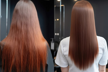 Keratin Straightening Of Unruly Hair Before And After Photos, Back View. Generative AI