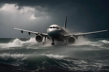 Fototapeta na wymiar The Big Storm The Plane Sinks In The Water. Generative AI