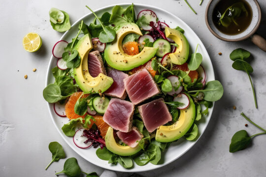 Seared Tuna Salad With Avocado On White Background, In White Plate, View From Above, Shot Overhead. Generative AI