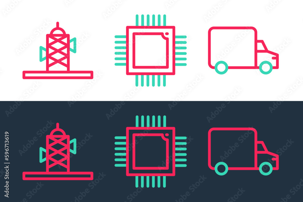 Poster set line delivery cargo truck, antenna and processor with microcircuits cpu icon. vector