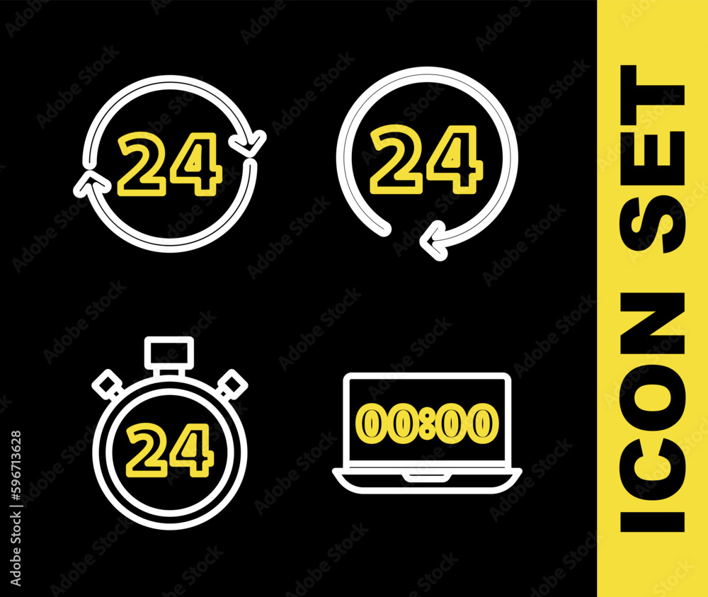 Poster set line clock 24 hours, on laptop, stopwatch and icon. vector