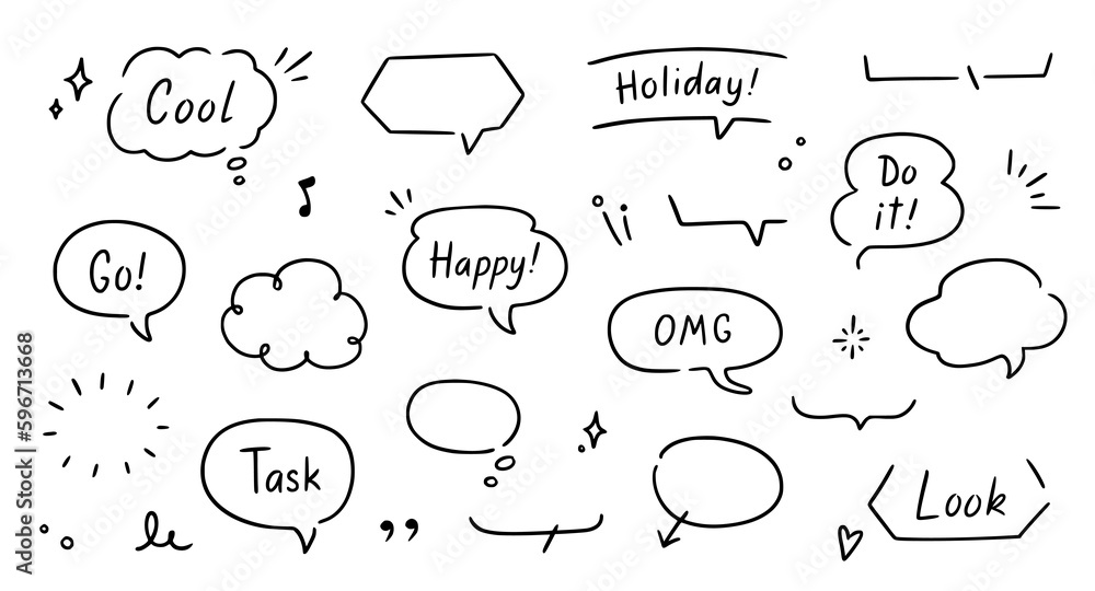 Poster balloon text frame decoration set. simple hand drawn pen line speech bubble, cloud, balloon frame fo