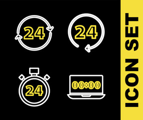 Set line Clock 24 hours, on laptop, Stopwatch and icon. Vector