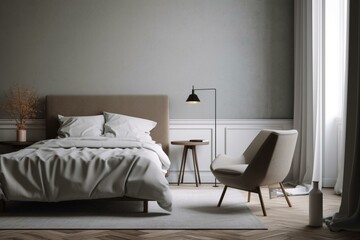 Minimalist Scandinavian bedroom with armchair, bed, and lamp. Generative AI