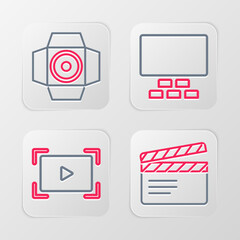 Set line Movie clapper, Online play video, Cinema auditorium with seats and spotlight icon. Vector