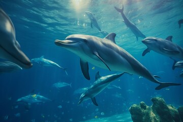 Obraz na płótnie Canvas Explore the stunning underwater world: dolphins, marine life & coral reef in ultra high-definition detail with ocean rendering. Generative AI
