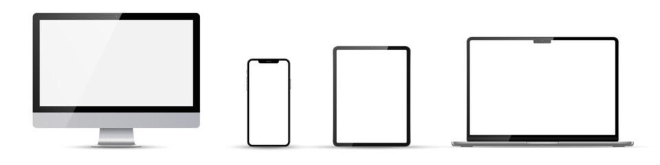 Set of monitor, laptop, tablet, phone on transparent background with white/transparent screen. Vector illustration.