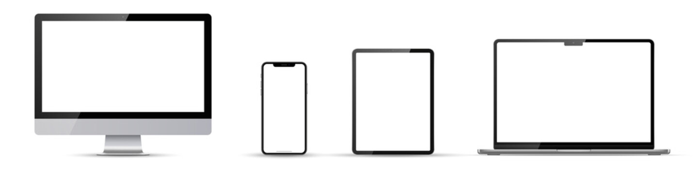 Set of monitor, laptop, tablet, phone on transparent background with white/transparent screen. Png illustration.