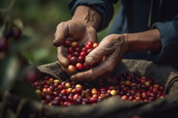 harvesting coffee berries from generative ai - obrazy, fototapety, plakaty