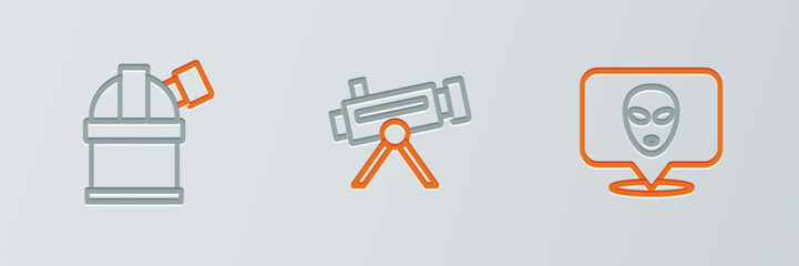 Set line Alien, Astronomical observatory and Telescope icon. Vector