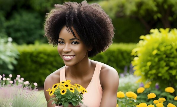 A beautiful black woman gardening and holding a bouquet of yellow flowers, created with generative AI