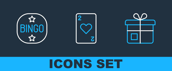 Set line Gift box, Bingo and Playing card with heart icon. Vector