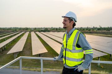 Engineer hand is installing and checking an operation of sun and cleanliness of photovoltaic solar panels, Engineer with energy measurement tool photovoltaic modules for renewable energy