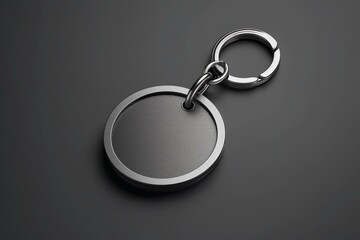 Top view mockup of a black and white metal keychain, isolated. Empty circular design for a souvenir holder or trinket label. Generative AI - obrazy, fototapety, plakaty
