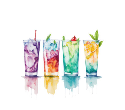Beautifully painted watercolor image depicting various types of colorful cocktails. The drinks arranged in a row. Generative AI,. AI.