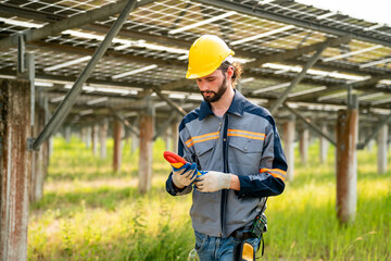 Engineer hand is installing and checking an operation of sun and cleanliness of photovoltaic solar...