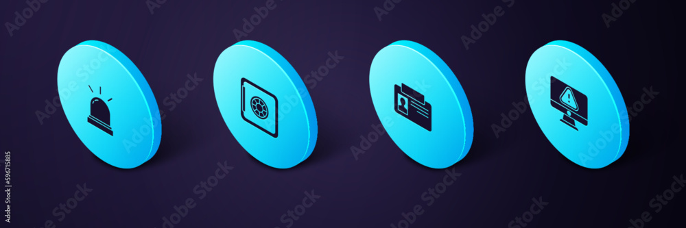 Poster set isometric monitor with exclamation mark, identification badge, safe and motion sensor icon. vect