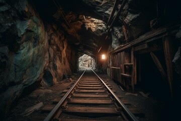Fototapeta na wymiar Old west railway passes through a tunnel or mine. Generative AI