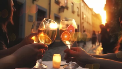 cup of coffee and two glass of wine people silhouette drink orange wine on beach cafe at romantic pink sunset evening on sea sunlight blurred light,generated ai