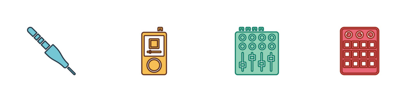 Set Audio jack, Music player, Sound mixer controller and Drum machine icon. Vector