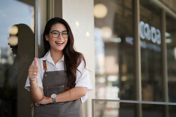 Cafe or coffee shop barista, entrepreneur and female small business owner of successful modern