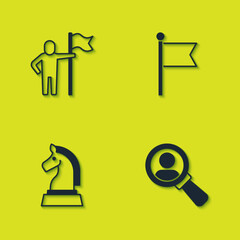 Set Man holding flag, Magnifying glass for search, Chess and Flag icon. Vector