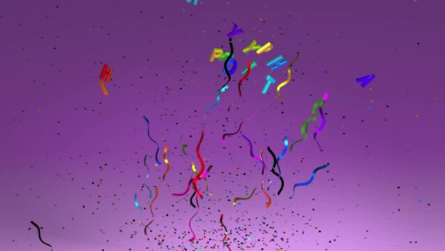 Happy Birthday, Geburtstagsüberraschung. Lustige 3D Animation, explodierendes Knallbonbon, gefüllt mit Buchstaben, Konfetti und Luftschlangen.