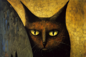Fototapeta na wymiar Digital oil painting of black abstract cat on yellow background. Beautiful artistic image for poster, wallpaper, art print. Generative AI.