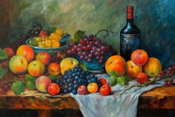 Fruit still life with grapes, apples and wine, digital oil painting. Beautiful artistic image for poster, wallpaper, art print. Generative AI. - obrazy, fototapety, plakaty
