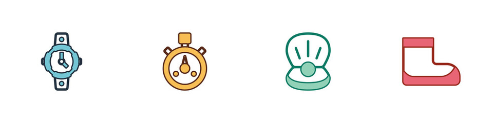 Set Diving watch, Stopwatch, Pearl and Boots icon. Vector
