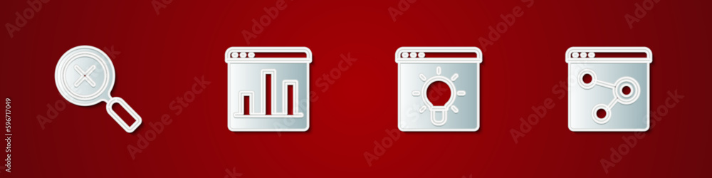 Poster set magnifying glass and delete, graph chart infographic, browser window and icon. vector
