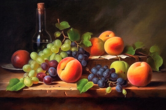 Fruit still life with grapes, peaches and wine, digital oil painting. Beautiful artistic image for poster, wallpaper, art print. Generative AI.