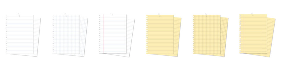 Realistic lined notepapers. Notepaper with lines and grid. Grid page notebook with margin. Piece of paper of notepad for note, notice and text. Vector EPS 10