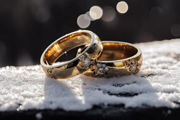 Obraz na płótnie Canvas A Glittering Promise of Love & Happiness: A Symbol of Marriage with Wedding Rings in the Snow, Forever. Generative AI