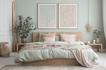 A Natural & Modern Home Interior - Wooden Frame & Poster in Cozy Pastel Bedroom. Generative AI