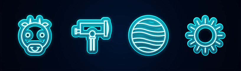 Set line Ox zodiac, Telescope, Planet Jupiter and Sun. Glowing neon icon. Vector