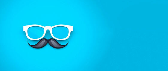 Retro hipster, mustache and glasses on blue background with copy space for text. generative ai.