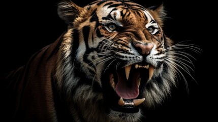 An Intimidating Roar From the Majestic Siberian Tiger: Wild Nature Captured in a Portrait on Black: Generative AI