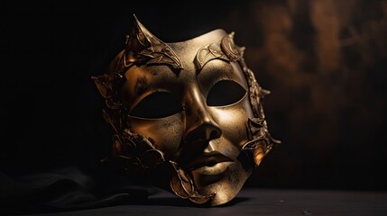 Fototapeta Theatrical Performance Readied: Bronze Golden Mask on Dark Wall Banner, Stage Light Awaiting Actor, Generative AI obraz