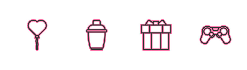 Set line Balloons in form of heart, Gift box, Cocktail shaker and Gamepad icon. Vector